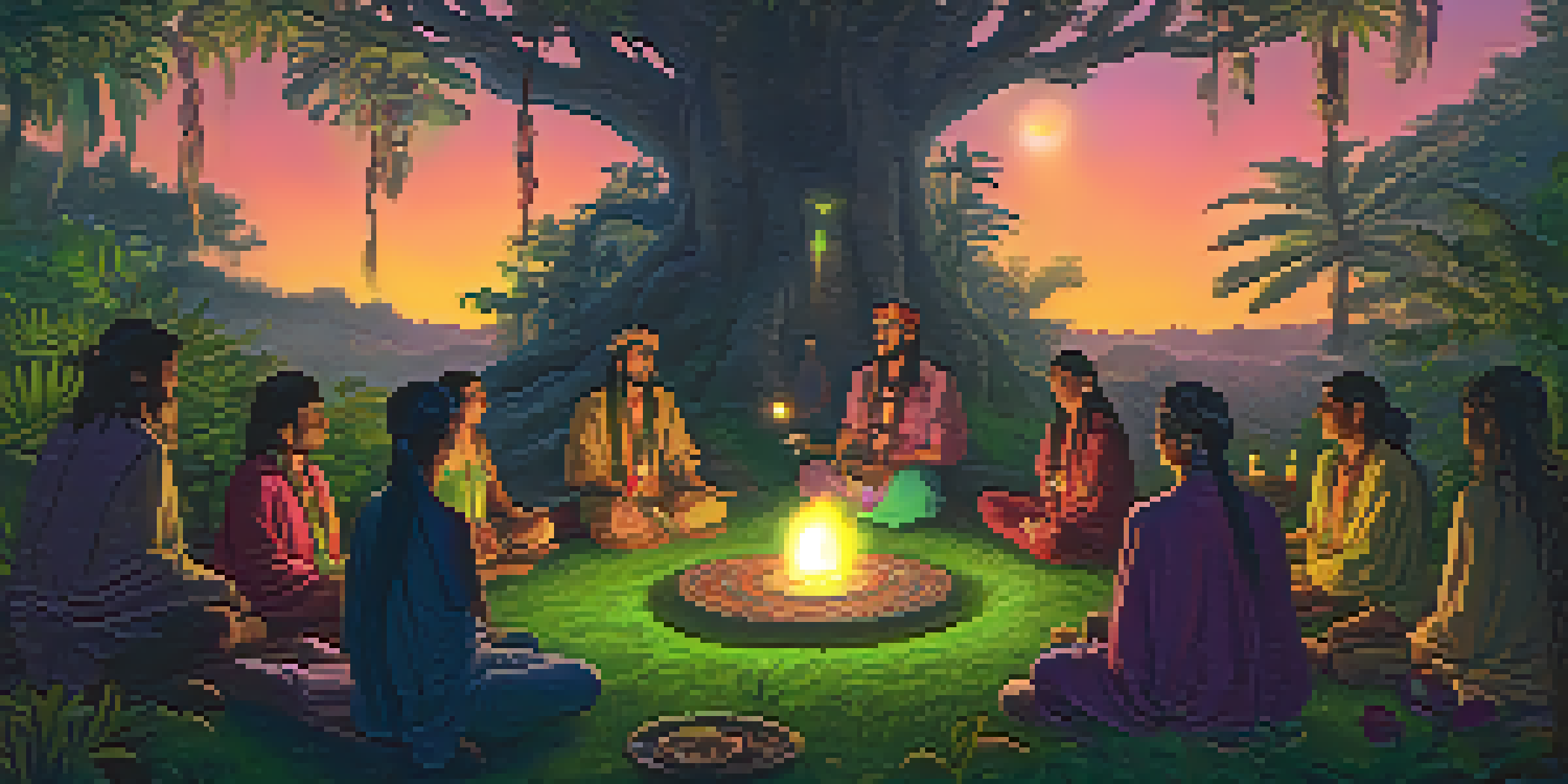 A tranquil jungle scene featuring a traditional Ayahuasca ceremony, with participants sitting in a circle and a shaman in the center holding a bowl.