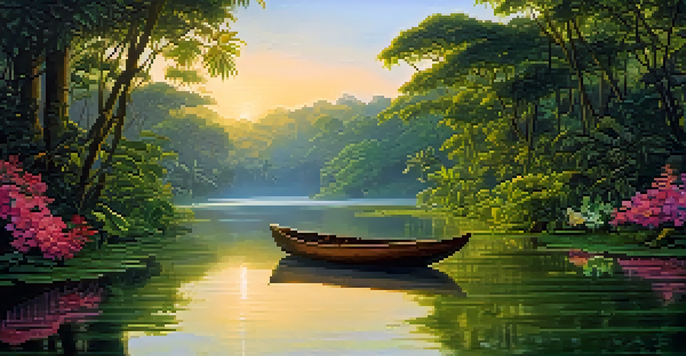 A peaceful Amazon rainforest at sunrise with a calm river, green trees, and a wooden boat.