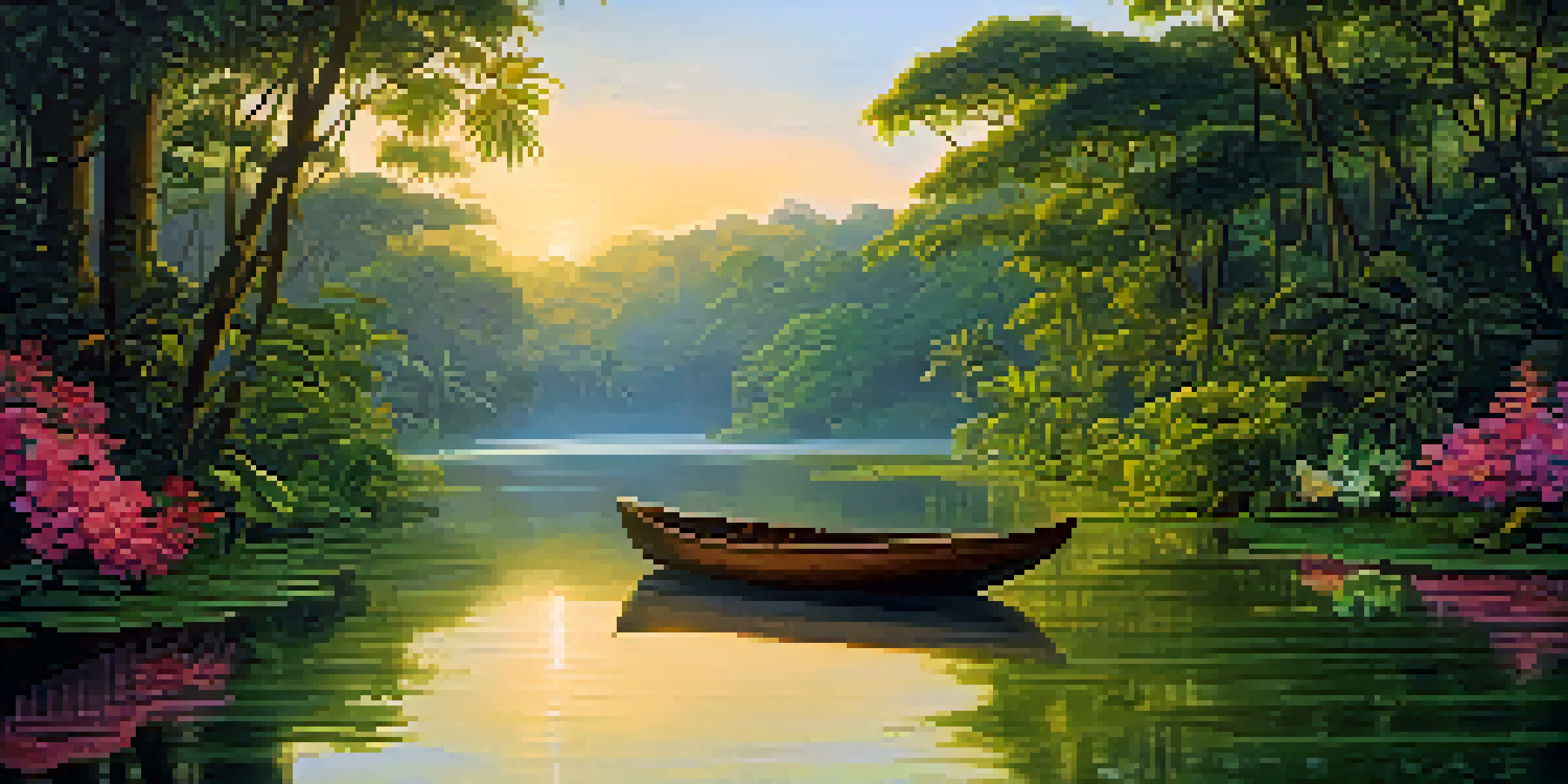 A peaceful Amazon rainforest at sunrise with a calm river, green trees, and a wooden boat.