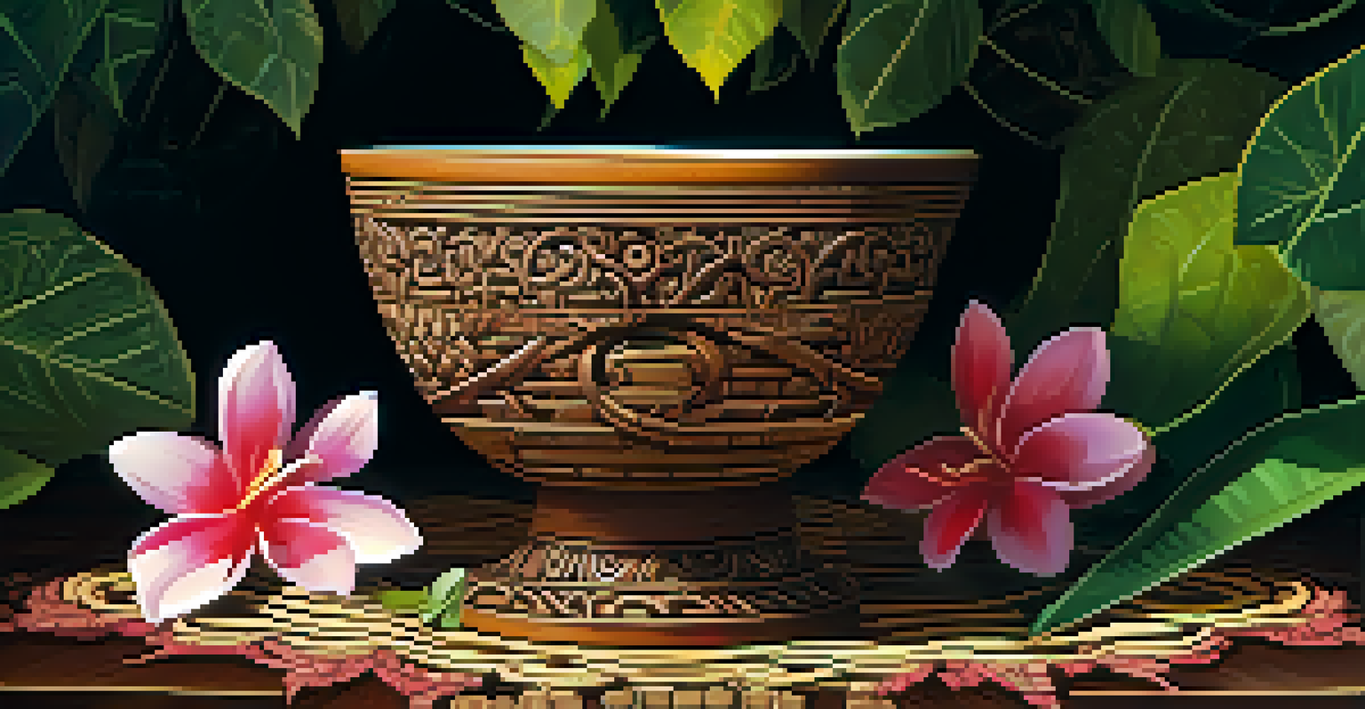 A close-up of a ceremonial cup filled with Ayahuasca brew, surrounded by flowers and leaves in soft sunlight.