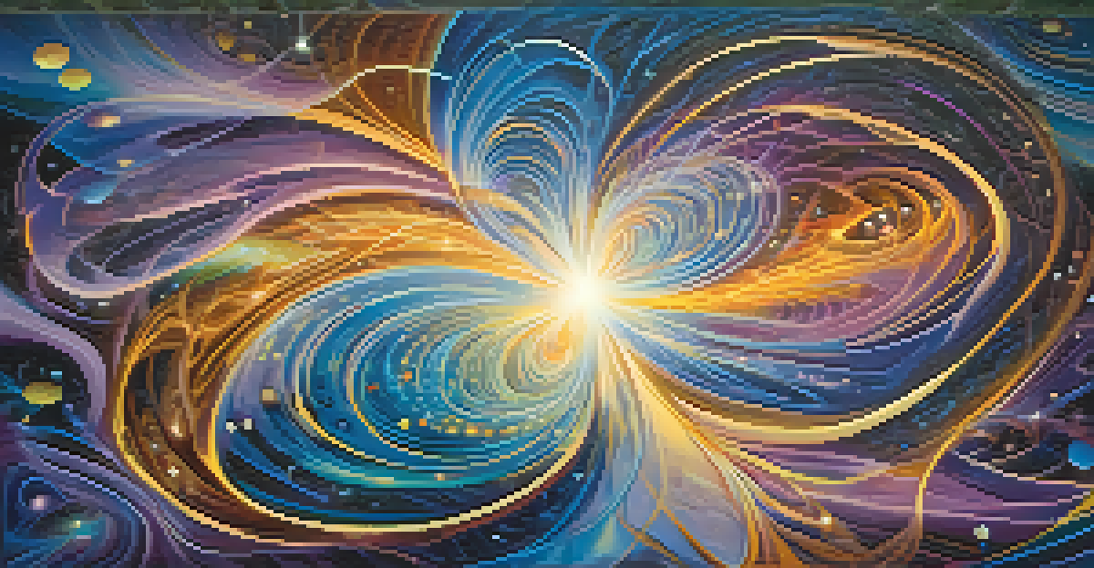 An abstract image with swirling patterns of light and color representing quantum consciousness, featuring particles in a cosmic dance.