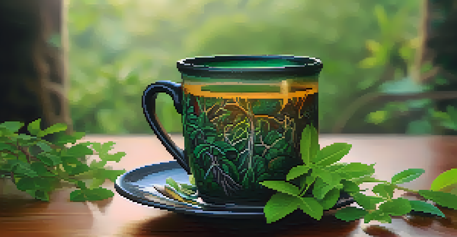 A close-up of an Ayahuasca brew in a ceramic cup, surrounded by fresh leaves and natural light.