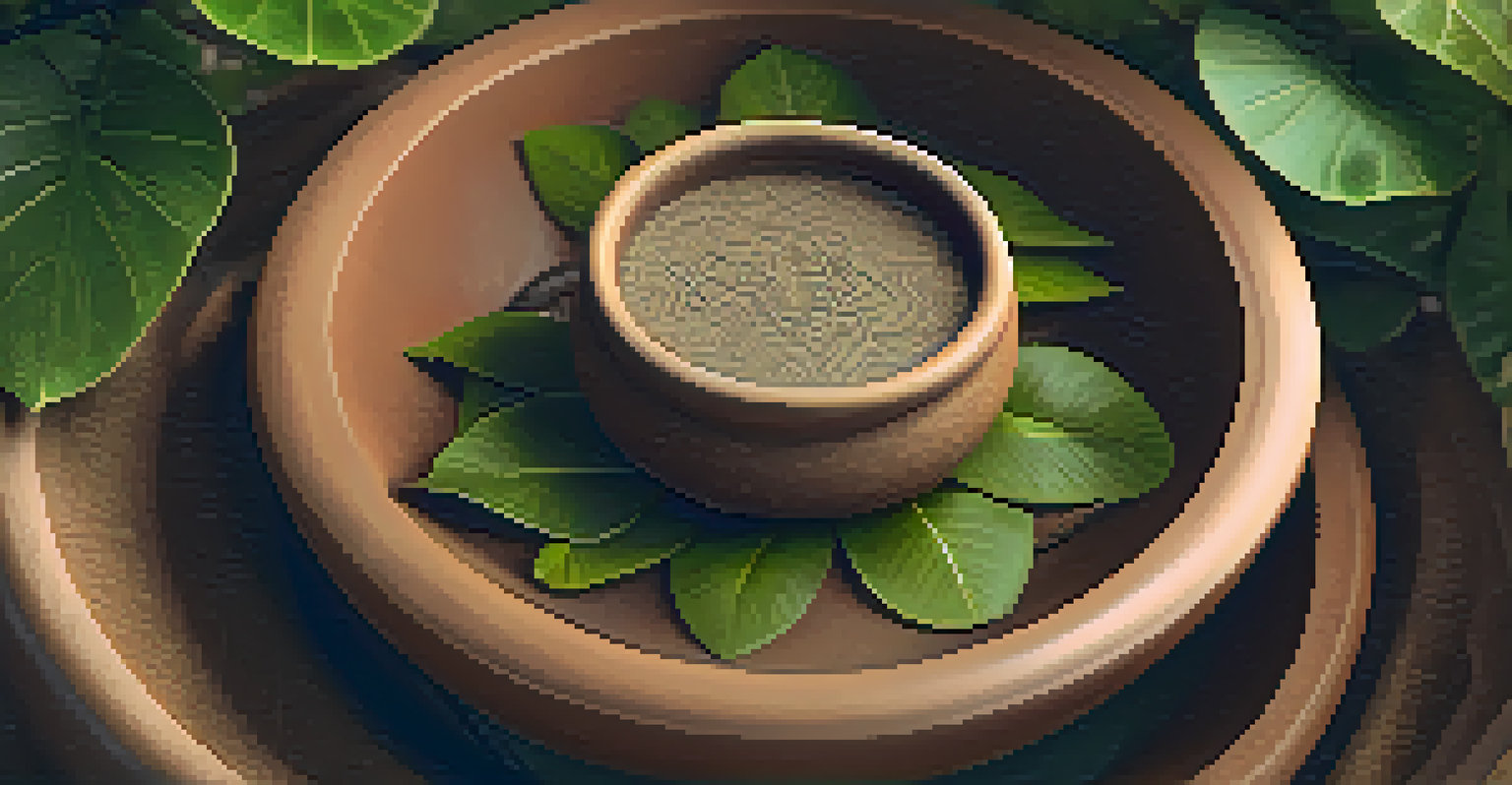A close-up of Ayahuasca brew in a clay bowl with fresh leaves surrounding it, set in a serene environment.