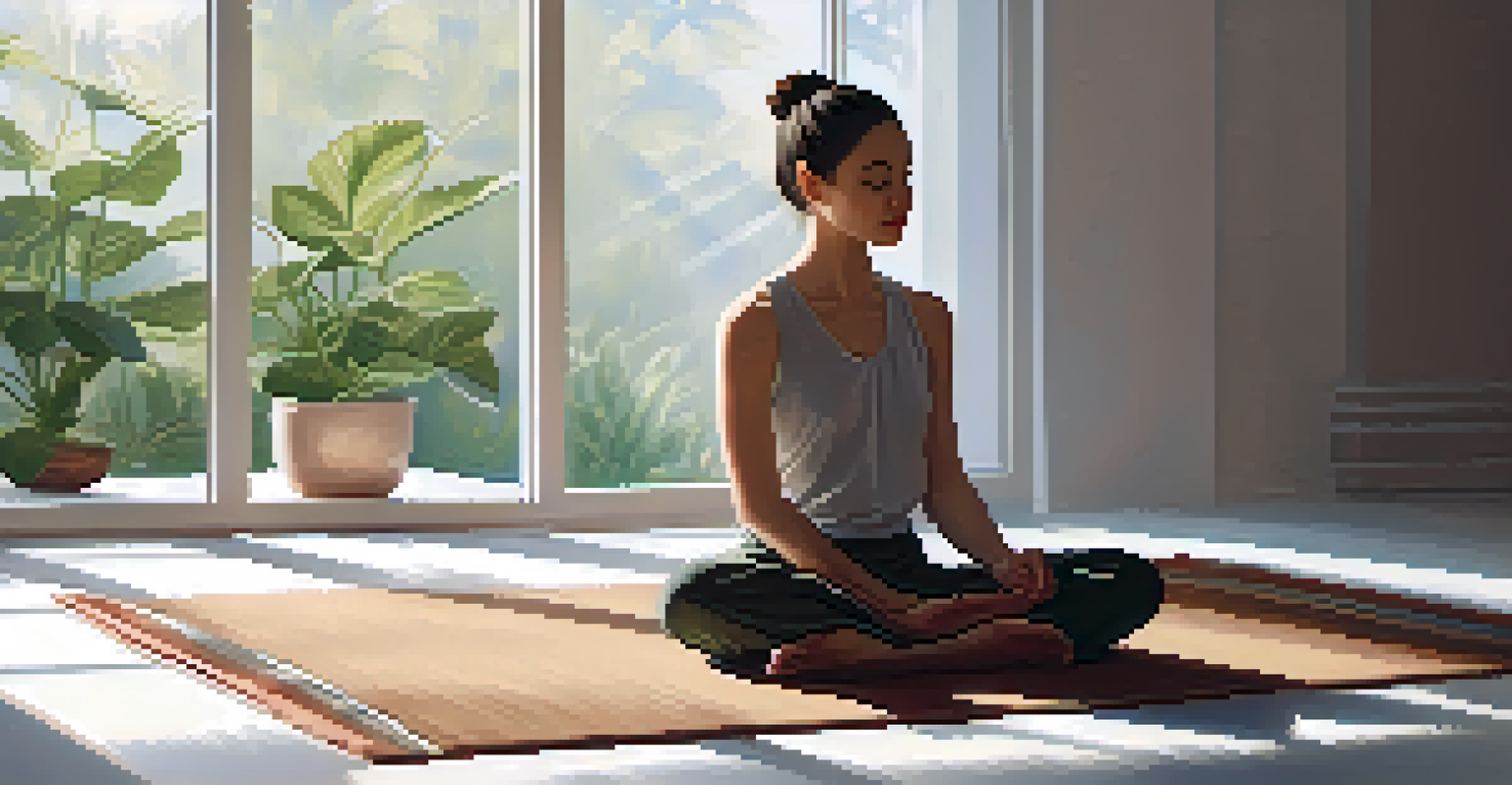 A close-up of a person with closed eyes sitting cross-legged on a mat in a peaceful indoor setting, reflecting emotional healing and mindfulness.