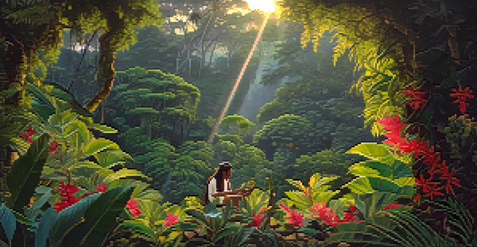 A tranquil jungle setting at dusk with a shaman silhouette, vines, and vibrant flowers.