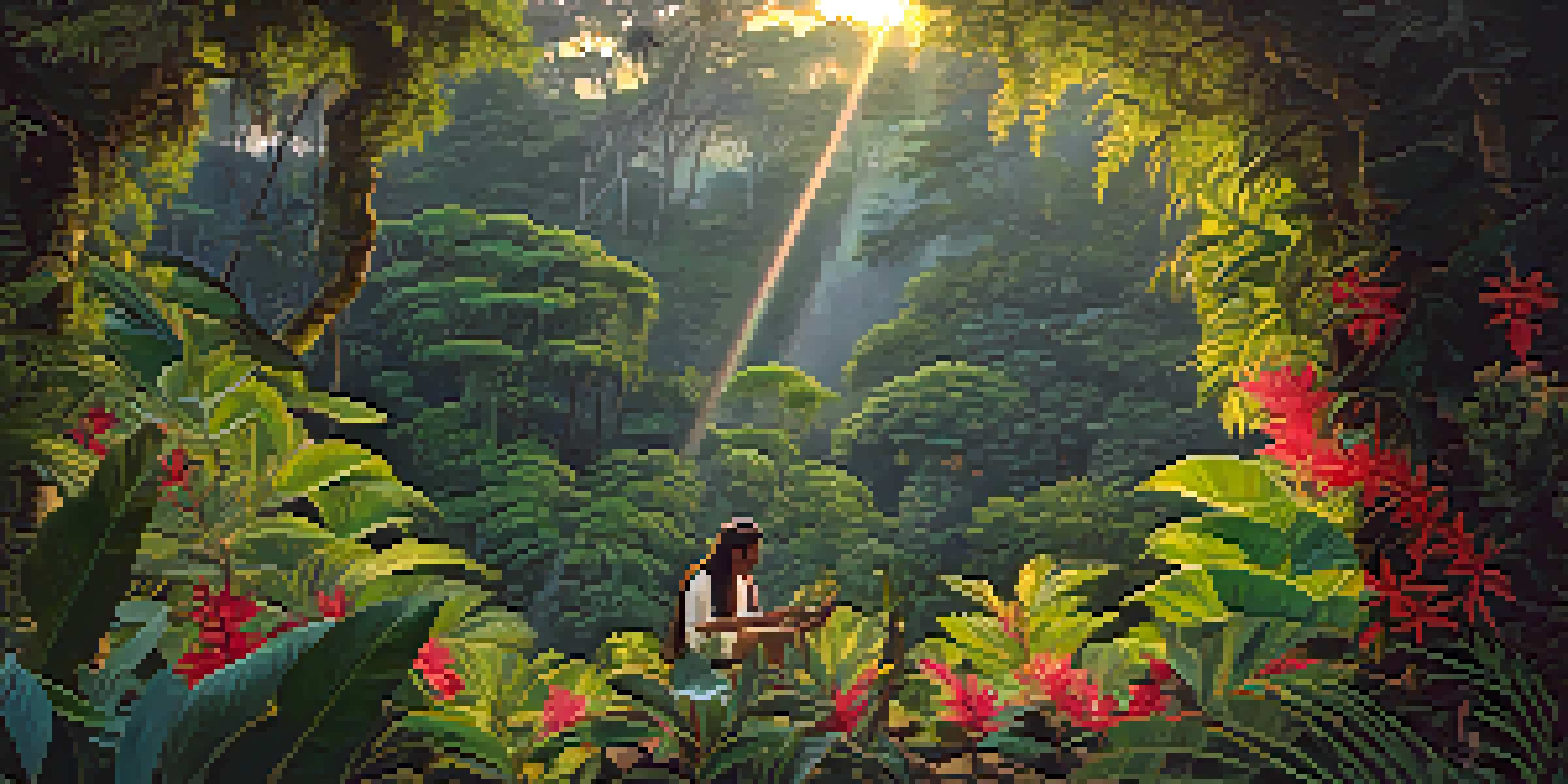 A tranquil jungle setting at dusk with a shaman silhouette, vines, and vibrant flowers.