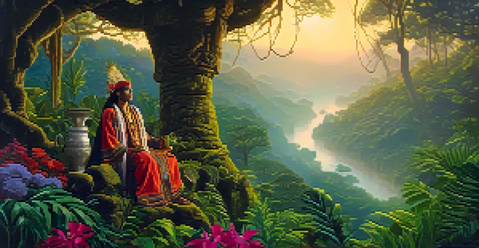 A shaman in traditional attire holding a ceremonial cup in a misty jungle at dawn.