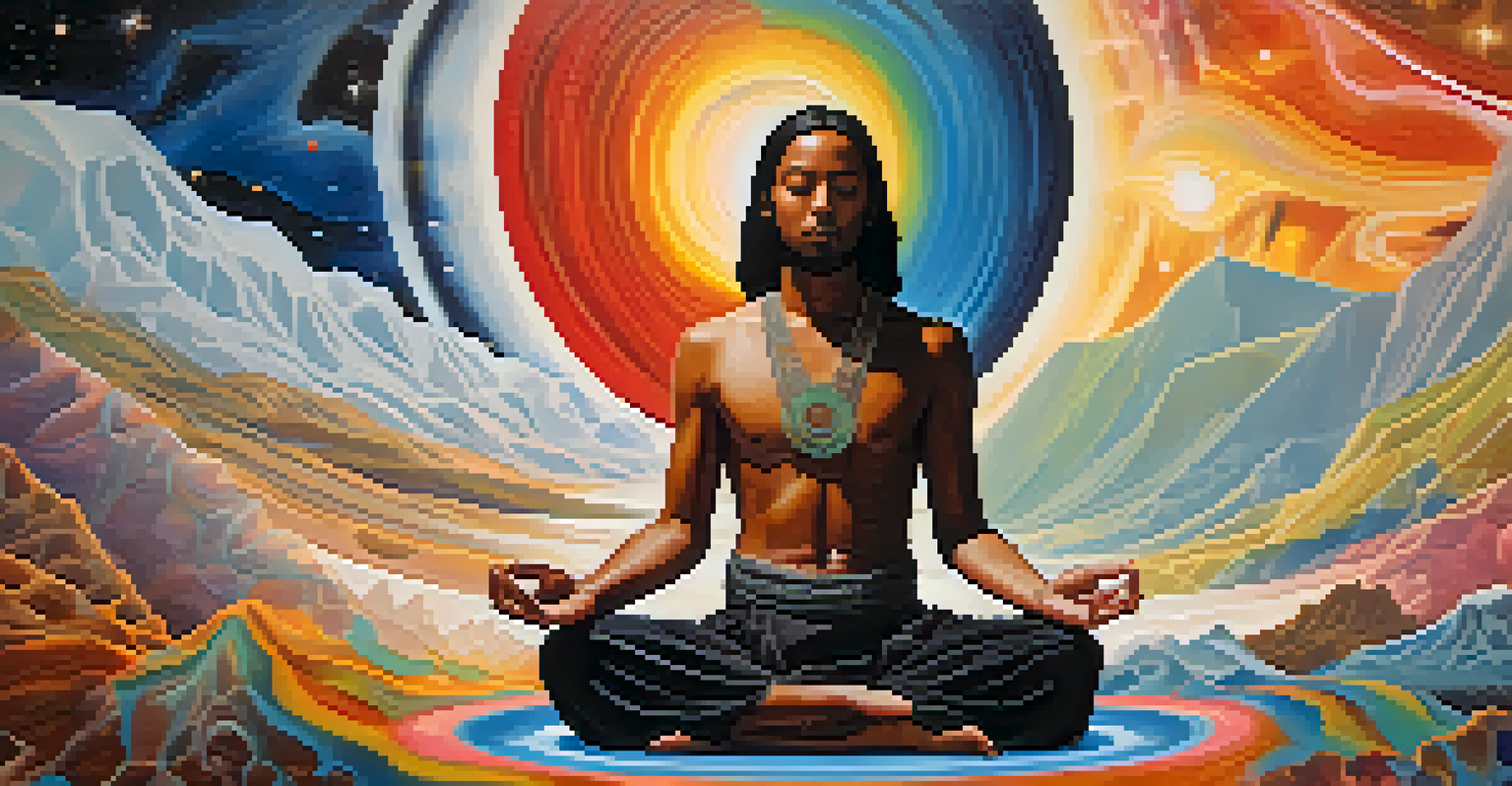 A person meditating surrounded by swirling colors and cosmic elements representing non-linear time.