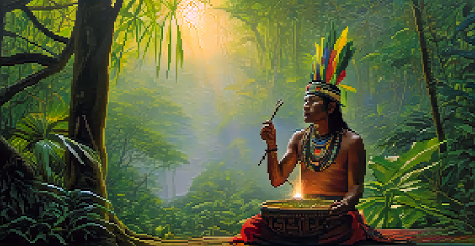 A peaceful Amazon rainforest at dawn with a shaman holding a bowl of Ayahuasca, surrounded by mist and sunlight filtering through the trees.