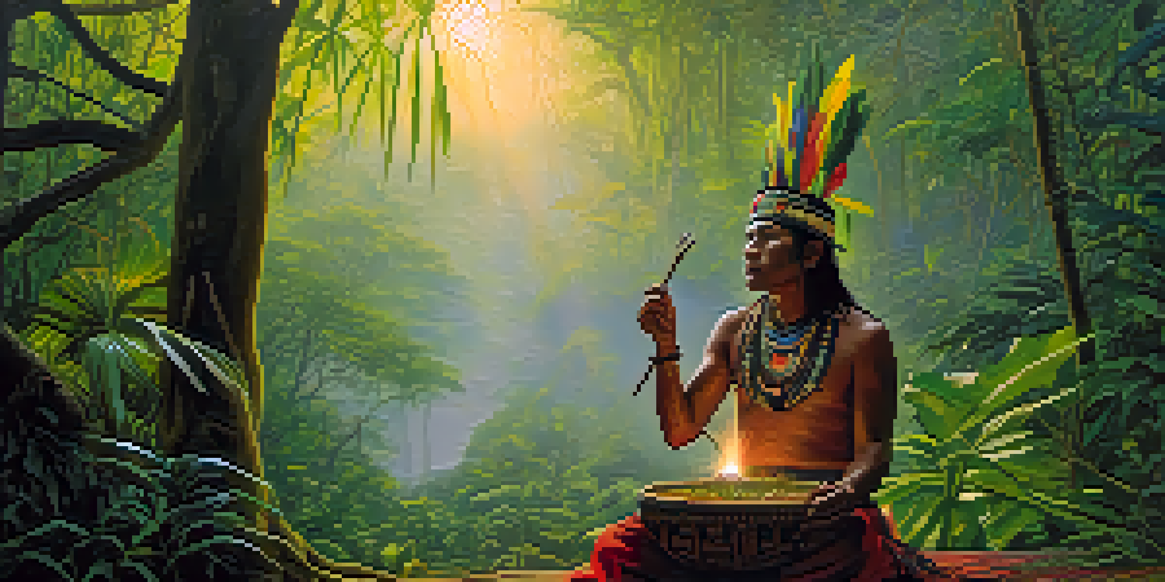 A peaceful Amazon rainforest at dawn with a shaman holding a bowl of Ayahuasca, surrounded by mist and sunlight filtering through the trees.