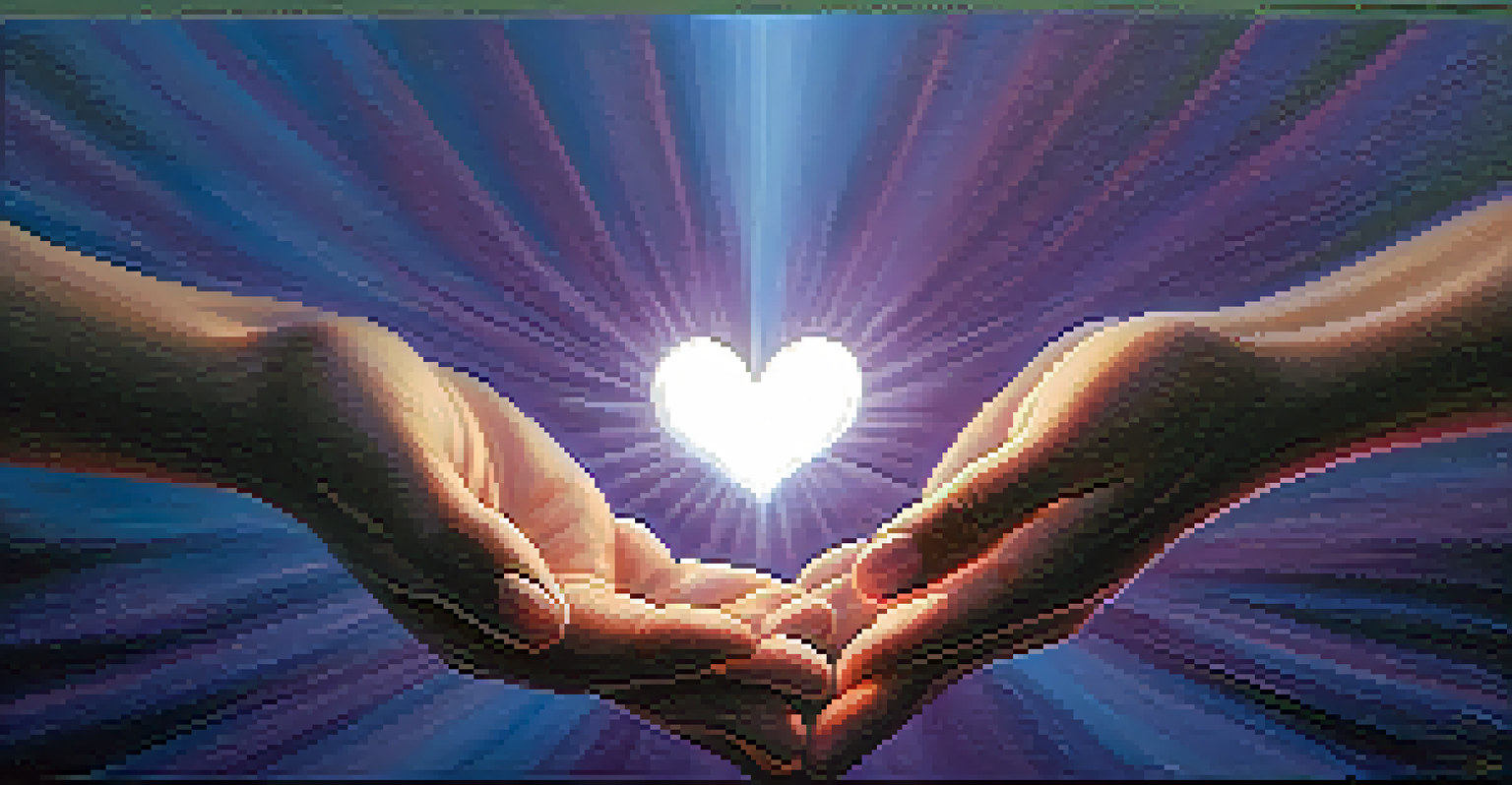 Two hands releasing a glowing heart into the air against a soft blue and purple background, symbolizing forgiveness.