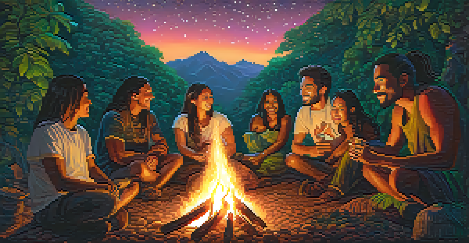 A diverse group of individuals sharing stories around a campfire under a starry night sky after an ayahuasca ceremony, highlighting community and connection.