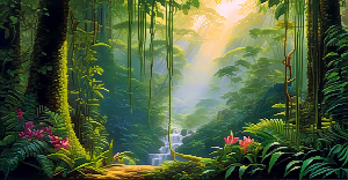 A peaceful Amazon rainforest at dawn with lush green vegetation, sunlight filtering through the trees, and a shaman in traditional attire meditating.