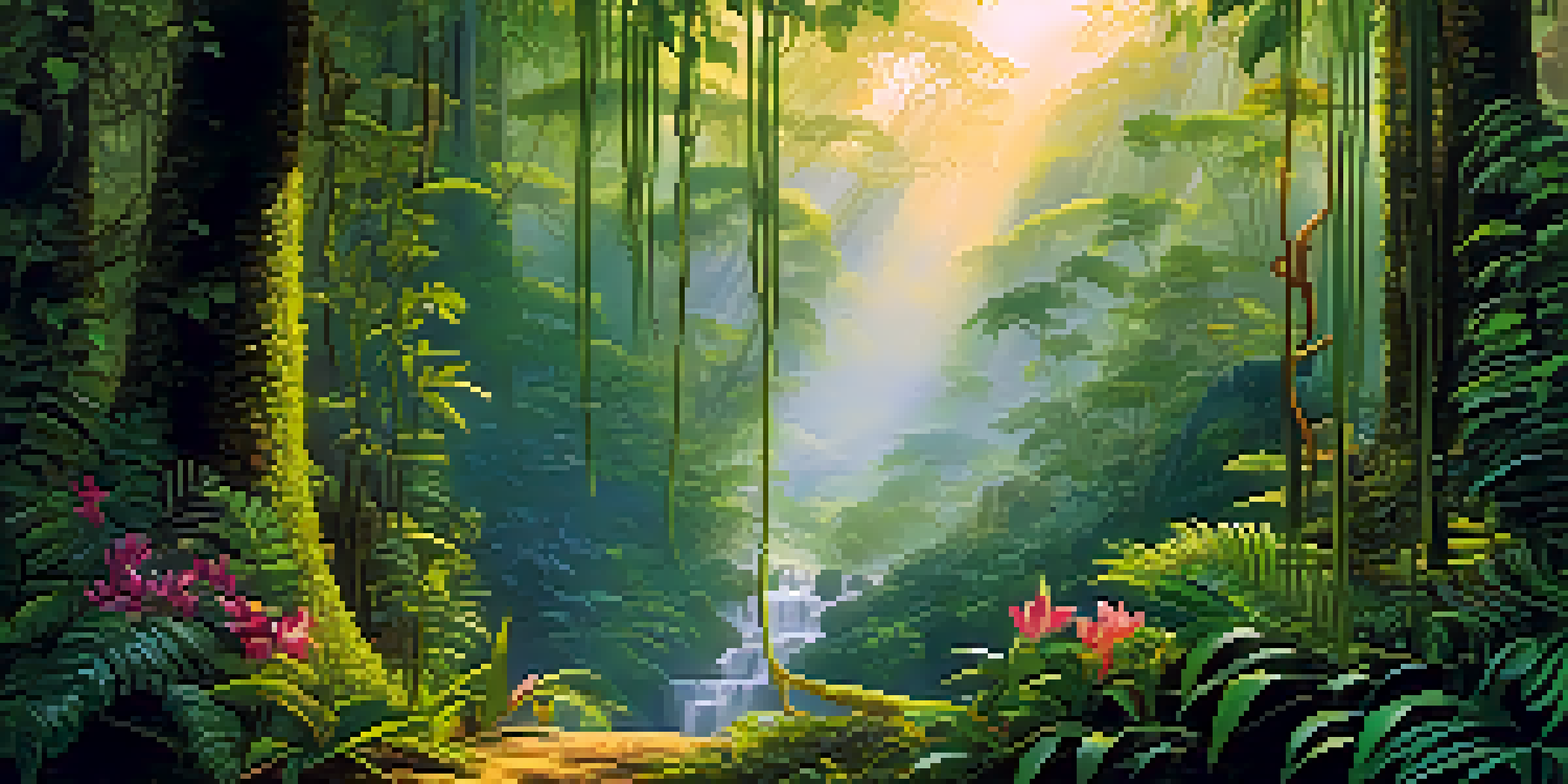 A peaceful Amazon rainforest at dawn with lush green vegetation, sunlight filtering through the trees, and a shaman in traditional attire meditating.