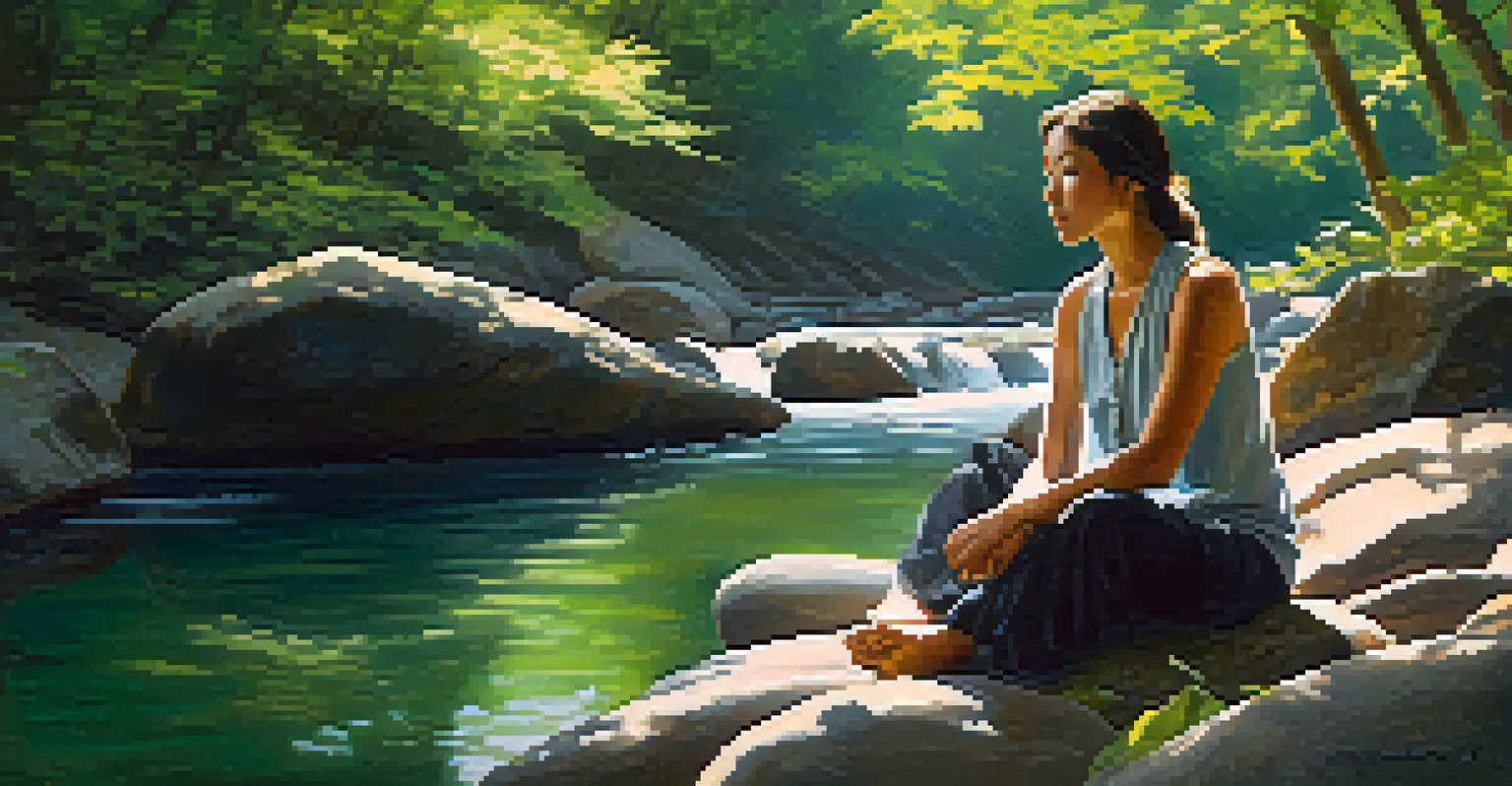 A person meditating on a rock by a river, surrounded by trees and plants, with sunlight filtering through the leaves, creating a tranquil atmosphere.