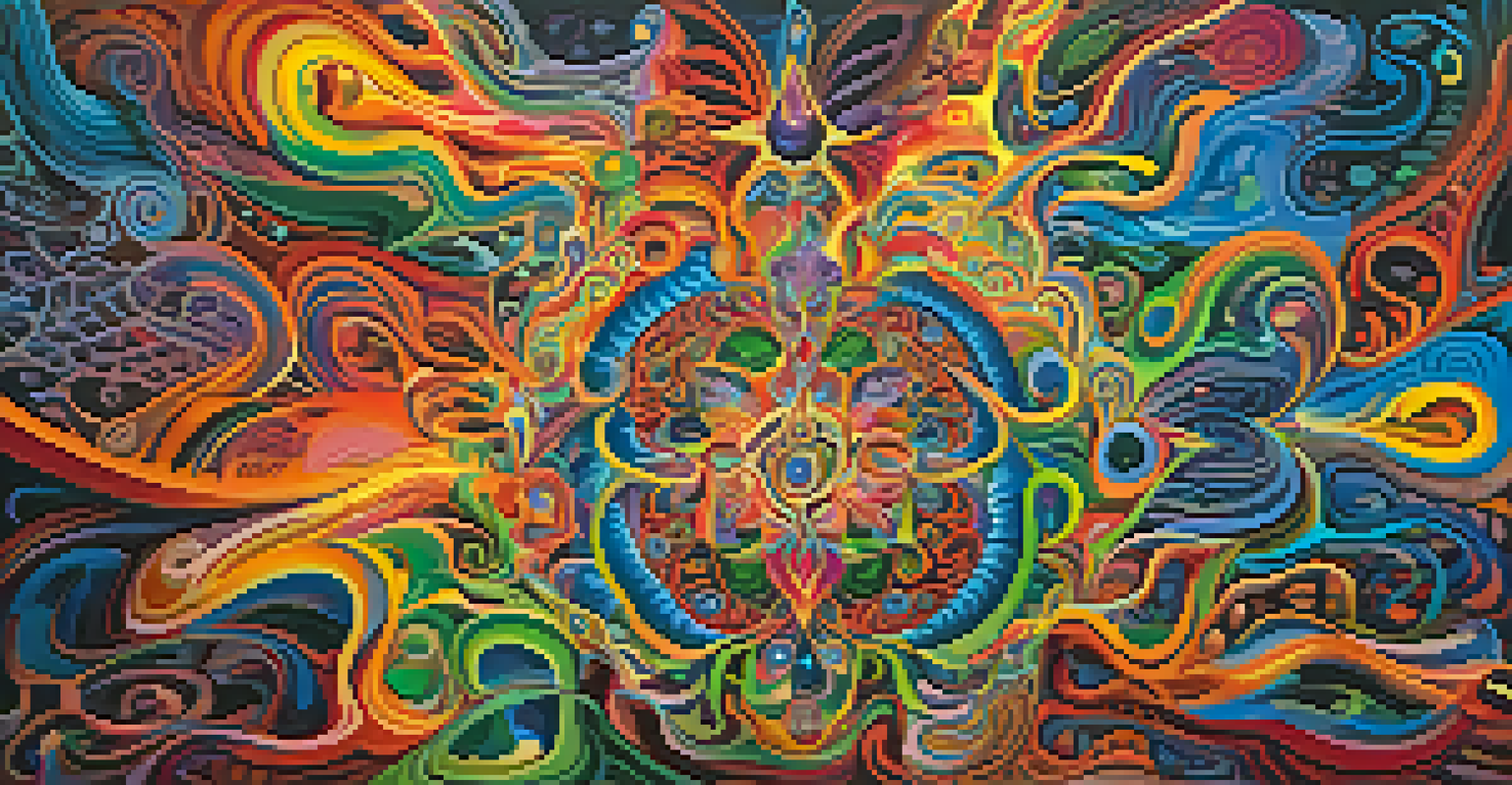 An abstract depiction of the psychological effects of ayahuasca with vibrant colors and swirling patterns.