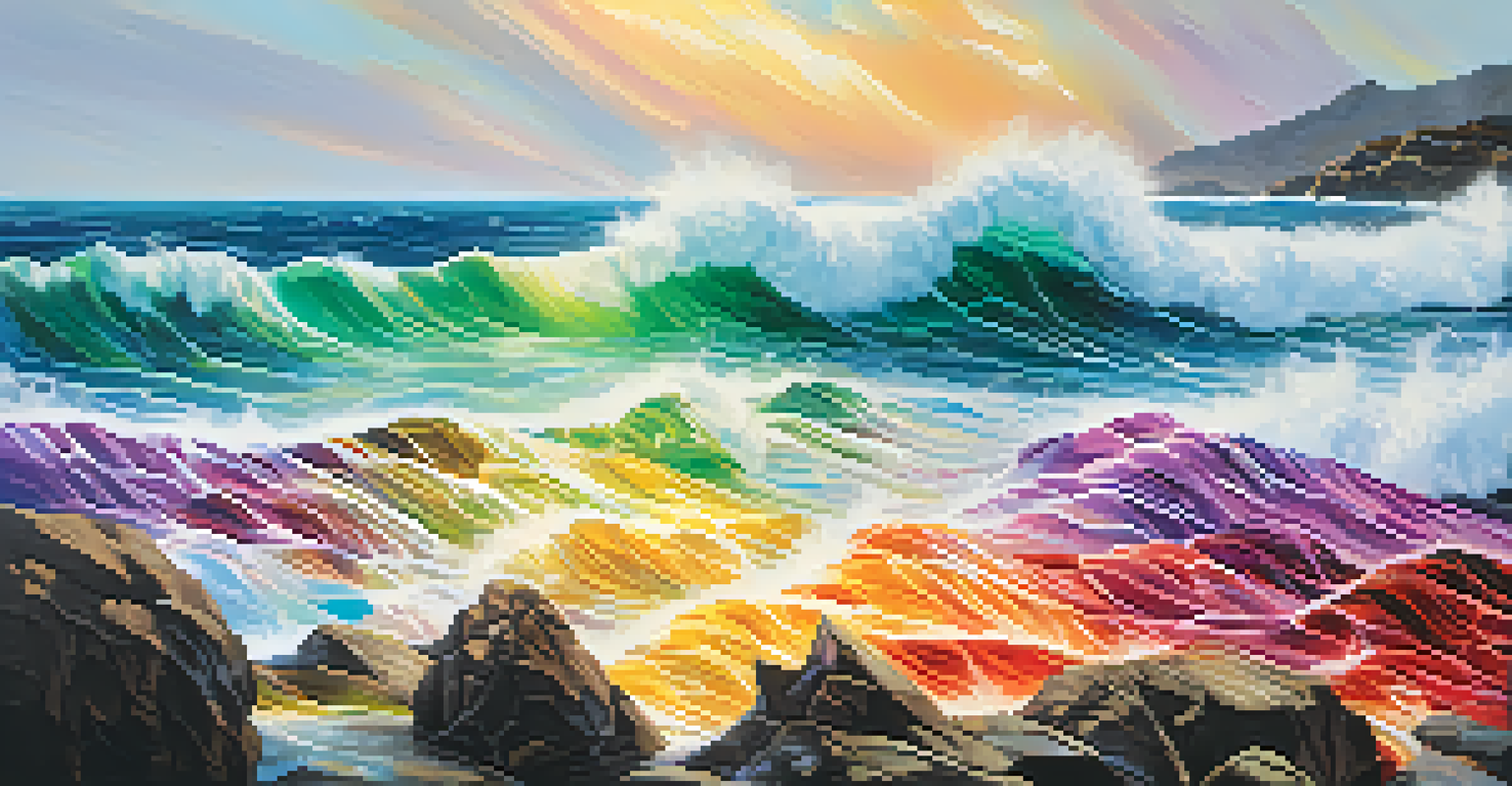 Colorful abstract waves symbolizing different emotions crashing against a rocky shore.