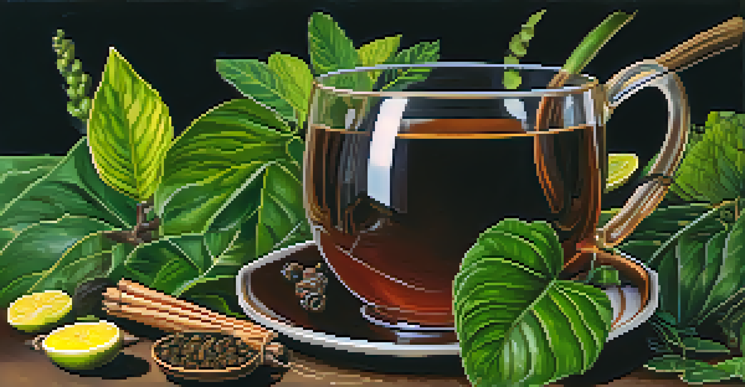 A close-up of a cup of Ayahuasca brew surrounded by its natural ingredients, highlighting the rich textures and colors of the plants.