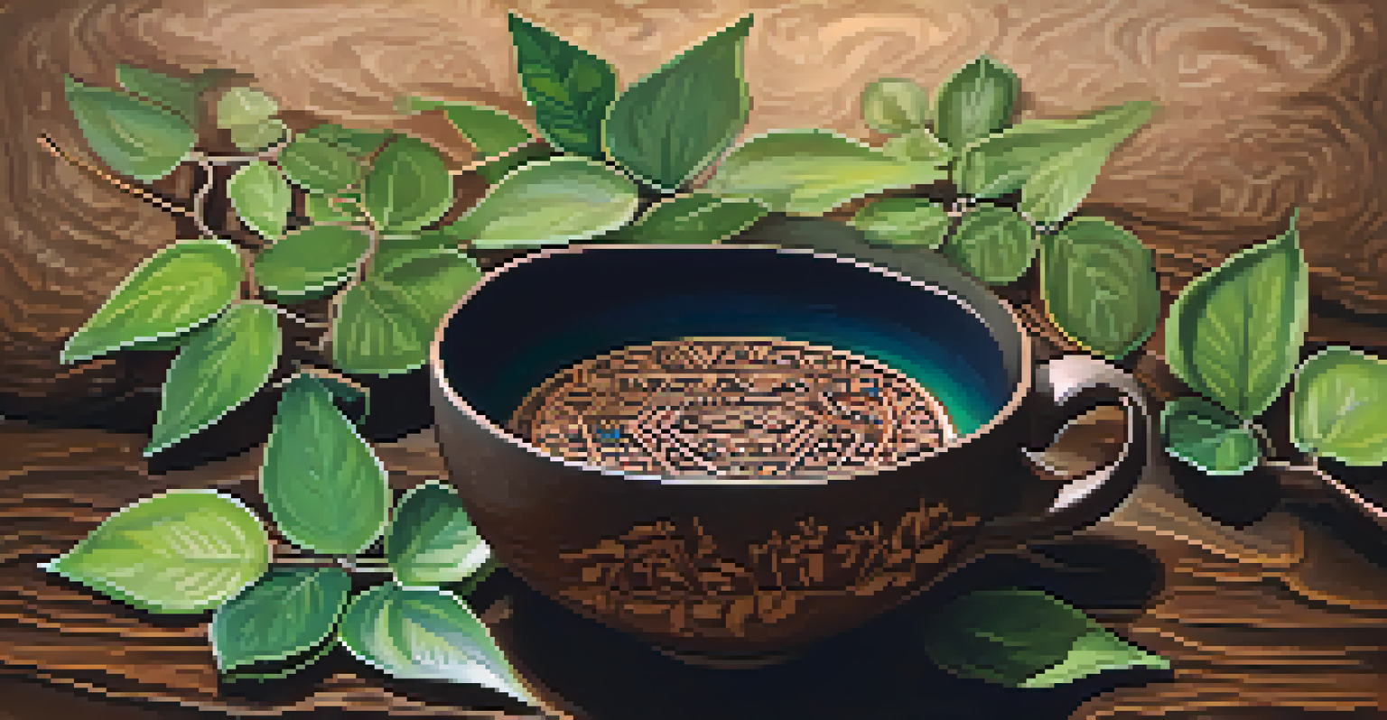 A close-up of ayahuasca brew in a clay cup with surrounding Banisteriopsis caapi vine and leaves, showcasing natural textures.