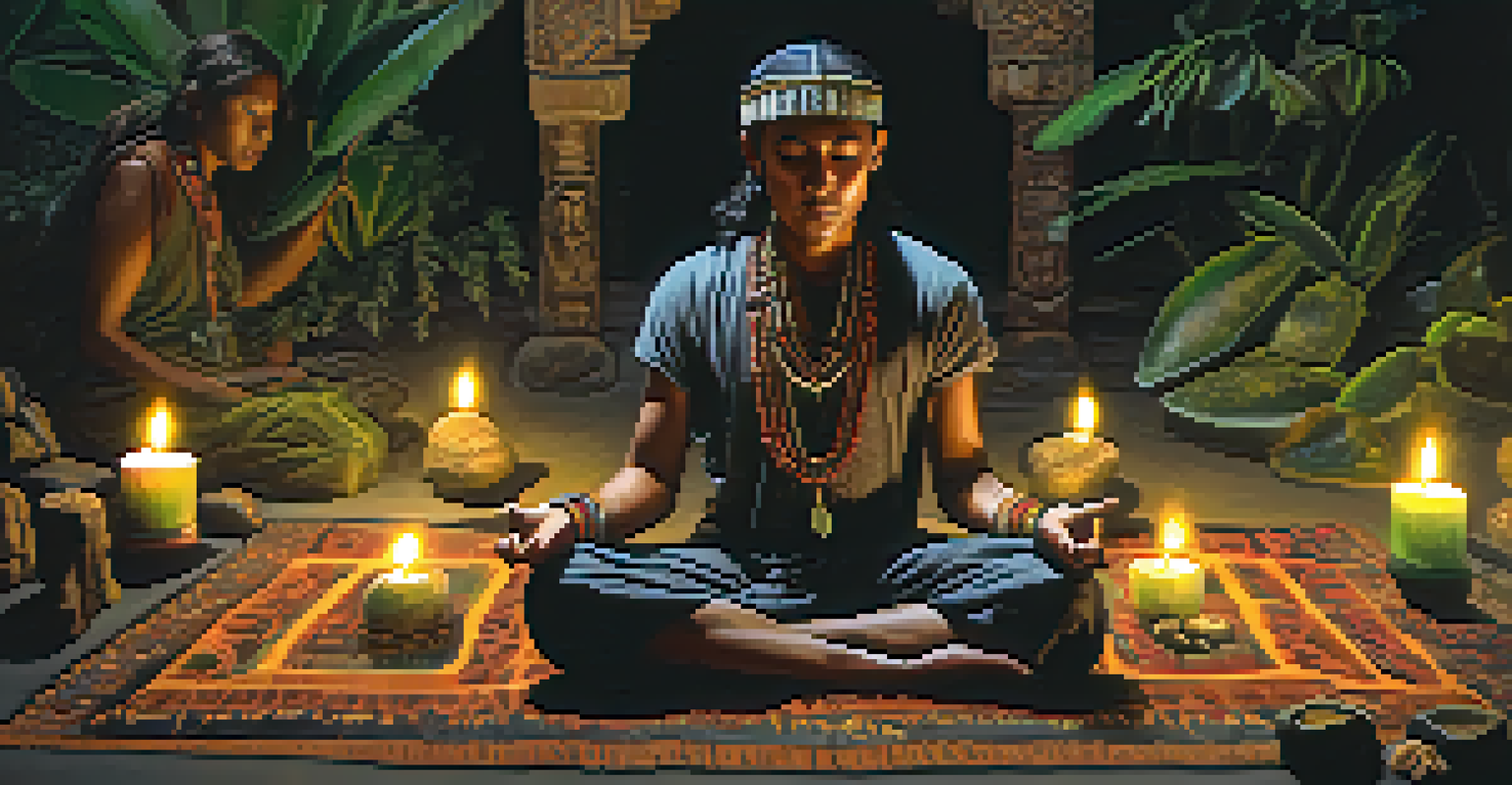 A participant in an Ayahuasca ceremony, sitting cross-legged with closed eyes in a dimly lit room filled with candles and natural elements.
