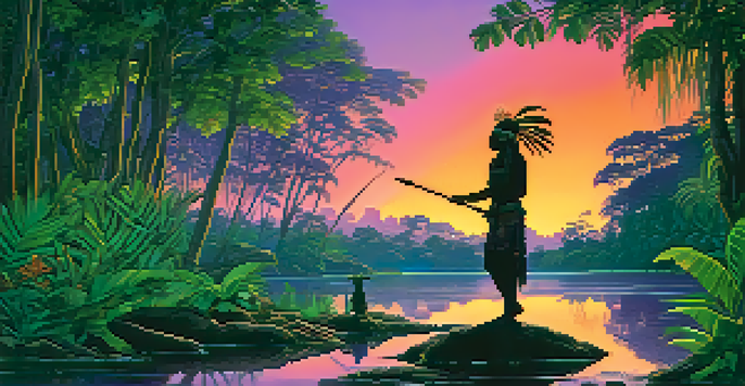 A shaman stands by a ceremonial fire in the Amazon rainforest at twilight, surrounded by lush greenery and vibrant plants, with warm light illuminating their face.