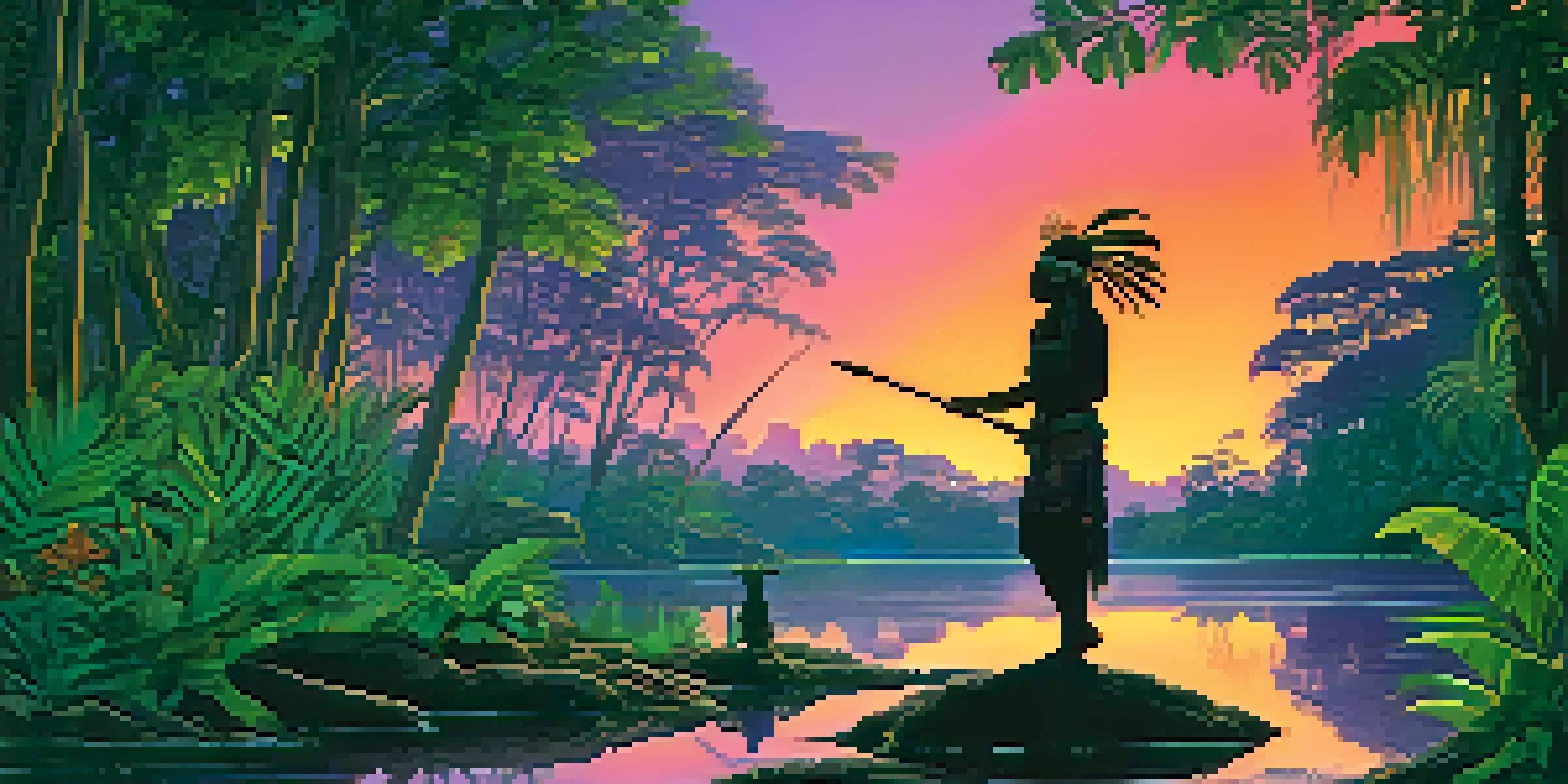 A shaman stands by a ceremonial fire in the Amazon rainforest at twilight, surrounded by lush greenery and vibrant plants, with warm light illuminating their face.