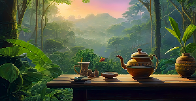 A peaceful Amazonian rainforest at dawn with mist, featuring a wooden table with a ceramic cup of Ayahuasca and fresh herbs surrounded by tropical flowers.