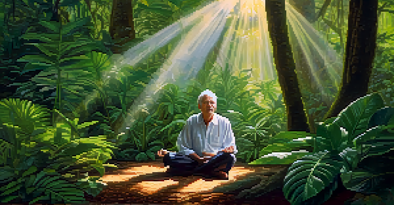 An older adult meditating in a sunlit rainforest clearing, surrounded by vibrant plants and gentle sunlight filtering through the leaves.