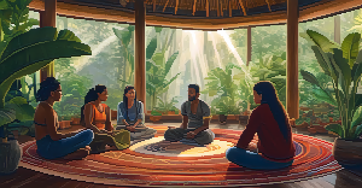 An indoor space for Ayahuasca integration, where a diverse group shares their experiences in a cozy, warmly lit environment.