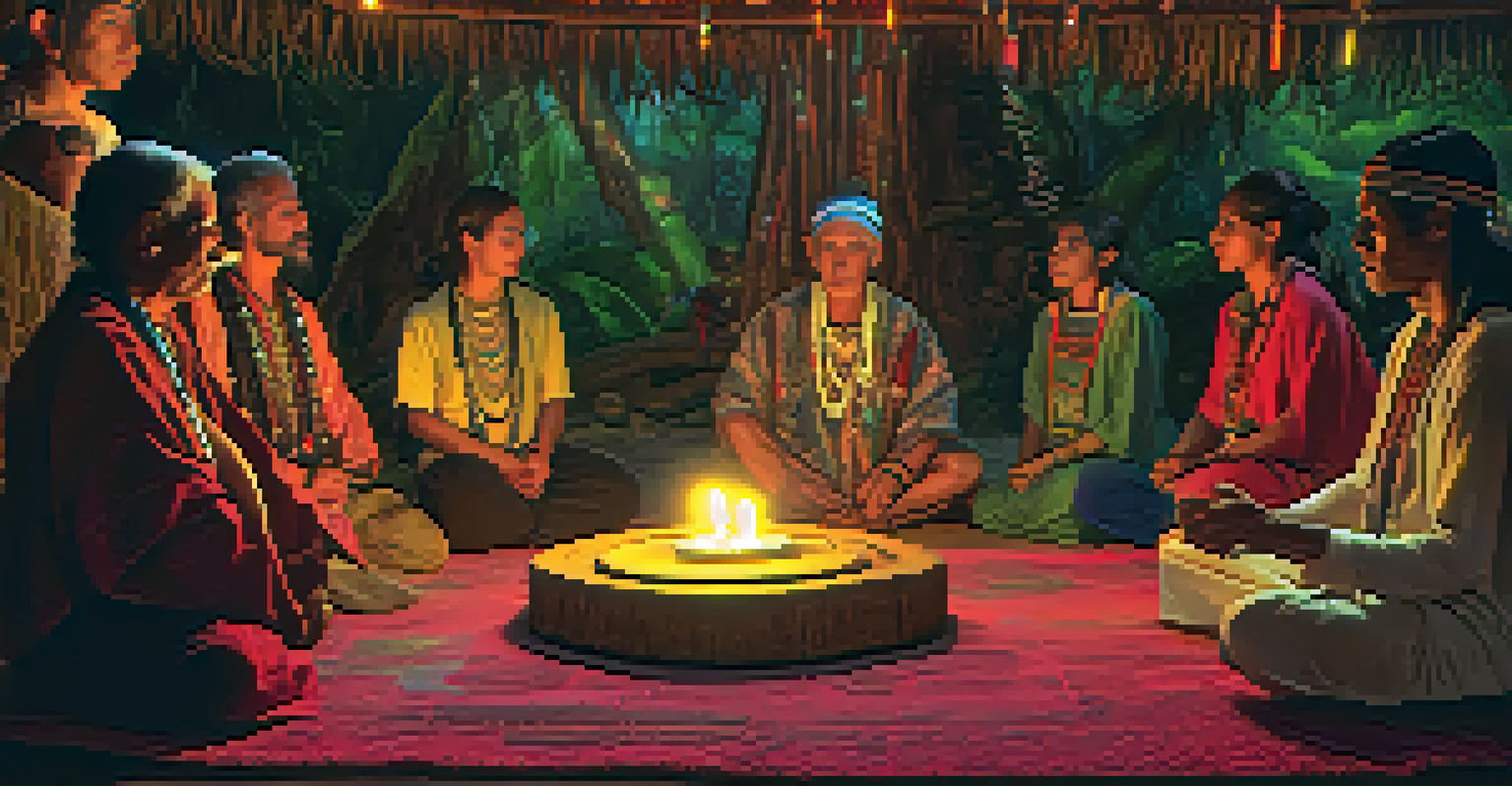 An elder shaman leading an ayahuasca ceremony, with participants gathered around an altar, illuminated by candlelight.