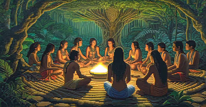A traditional Ayahuasca ceremony in the Amazon rainforest at twilight, with participants sitting in a circle and a shaman holding a cup.