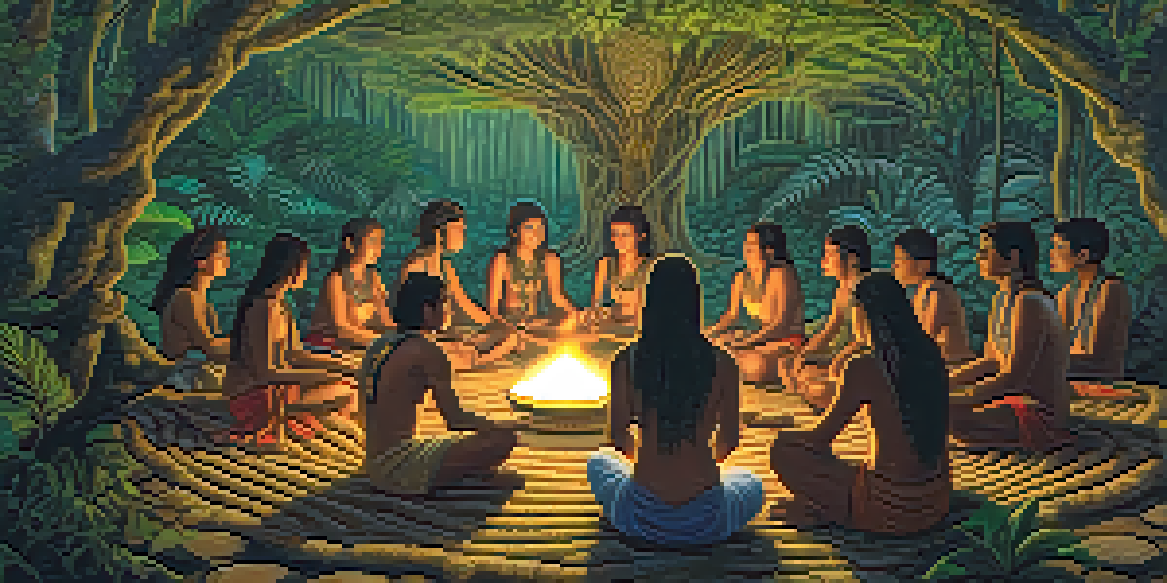 A traditional Ayahuasca ceremony in the Amazon rainforest at twilight, with participants sitting in a circle and a shaman holding a cup.