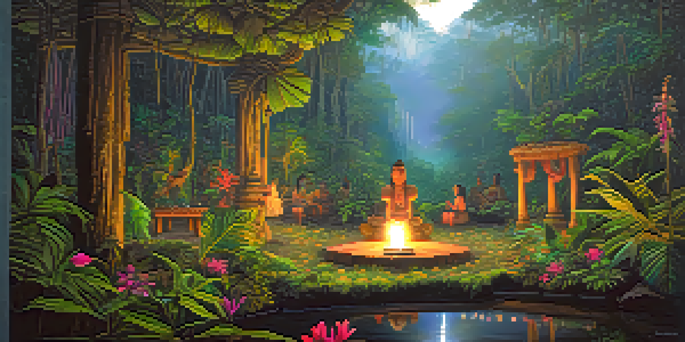 A tranquil Amazon rainforest at twilight with an Ayahuasca ceremony setup including a wooden altar, flowers, and candles.