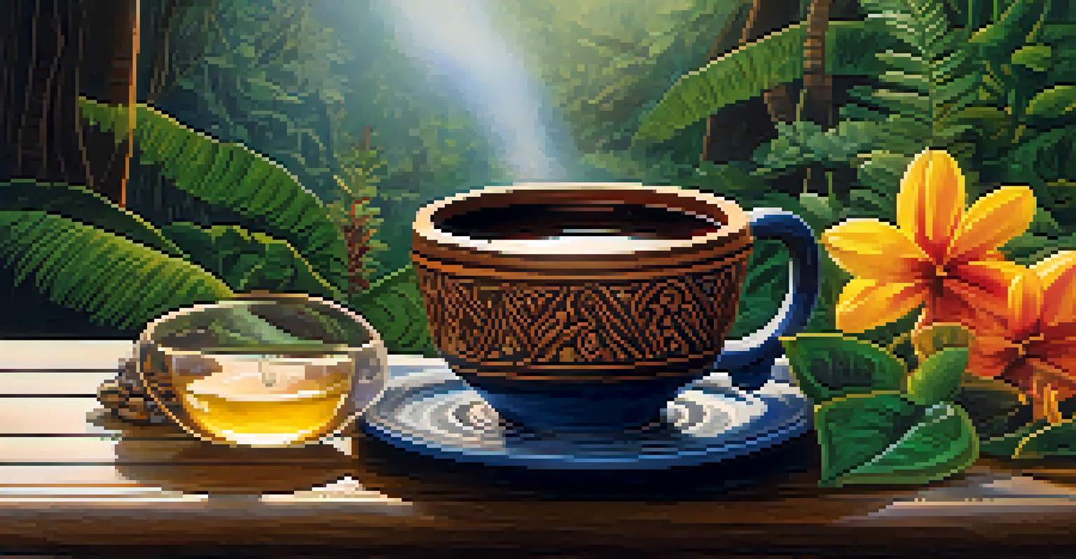 A close-up of a ceramic cup filled with ayahuasca brew, surrounded by flowers on a wooden altar, illuminated by warm light.
