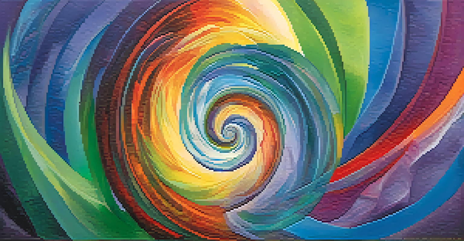 An abstract colorful spiral symbolizing emotional healing and transformation, with faint outlines of human figures expressing release and clarity.