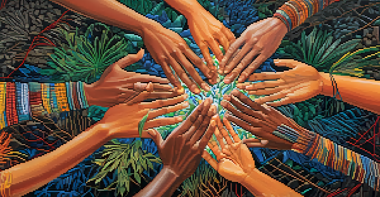 A colorful tapestry illustrating interconnected hands representing different ethnic backgrounds, symbolizing unity in healing.