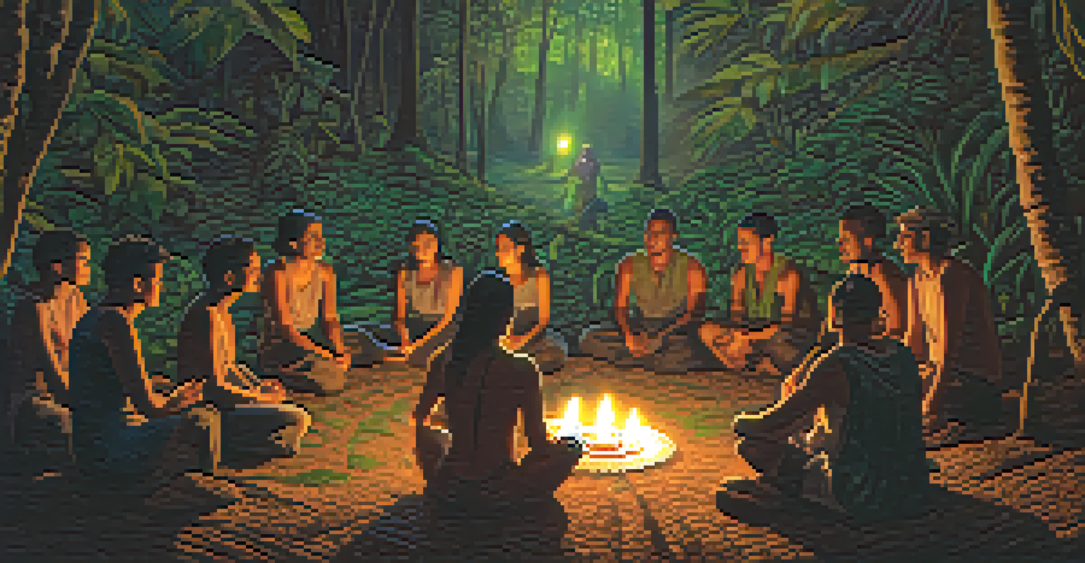 A group of people gathered in a circle for an Ayahuasca ceremony in the forest, illuminated by candlelight and surrounded by greenery.