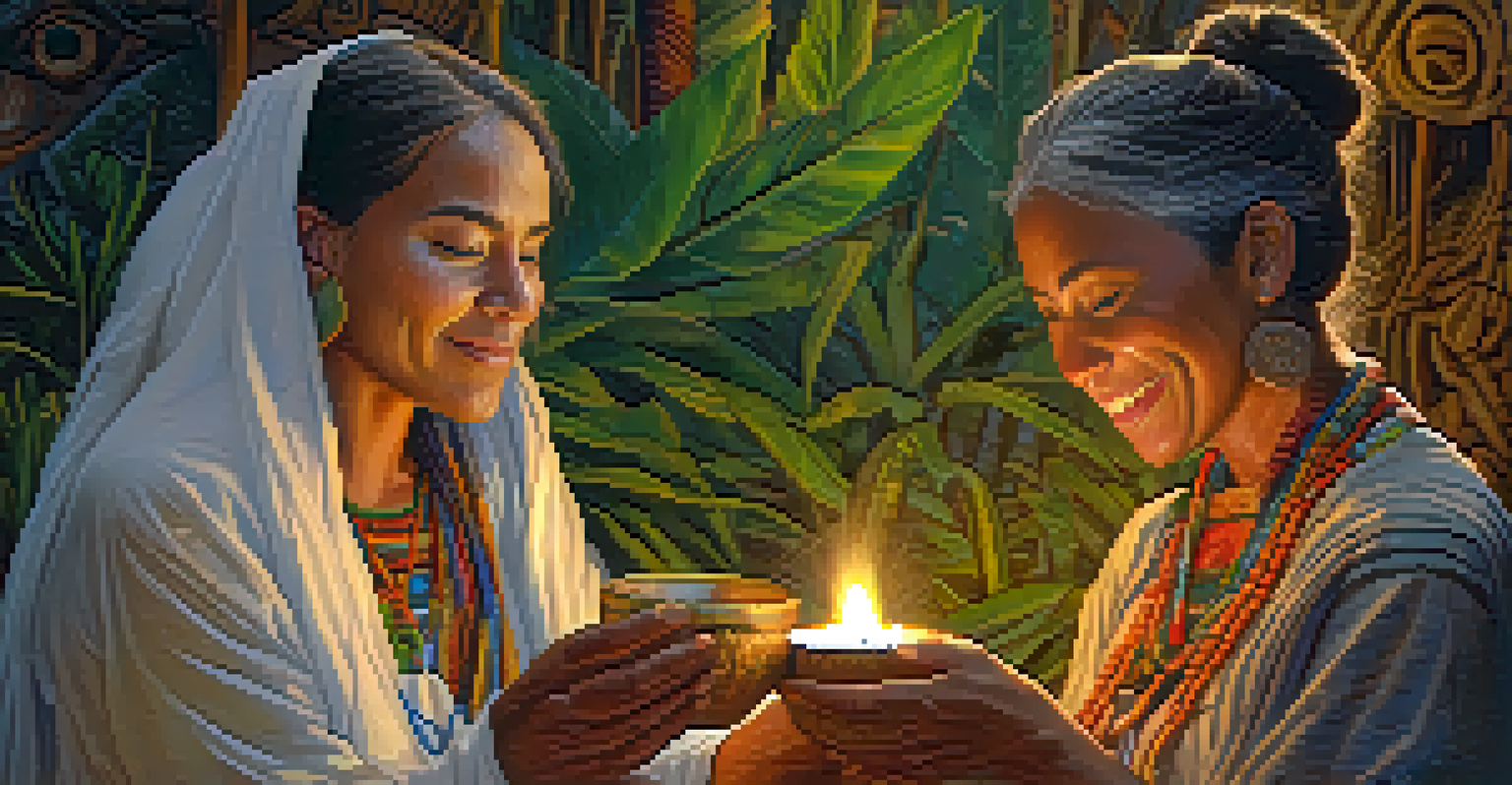 A facilitator holding a ceremonial cup during an Ayahuasca ceremony, surrounded by candlelight and traditional medicinal plants.