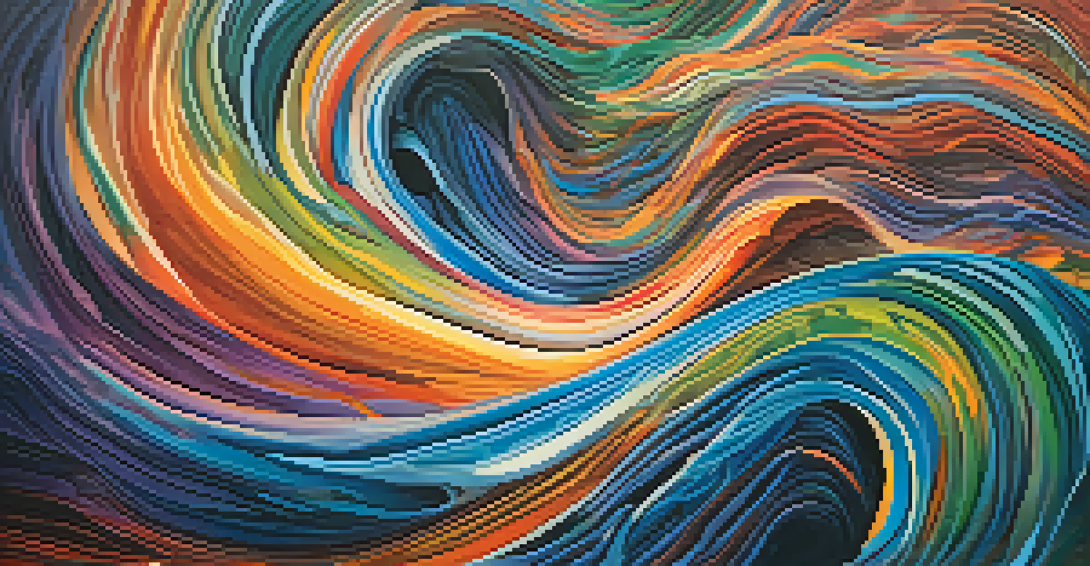 An abstract image illustrating emotional landscapes with swirling colors and light, symbolizing joy and sadness during an Ayahuasca journey.