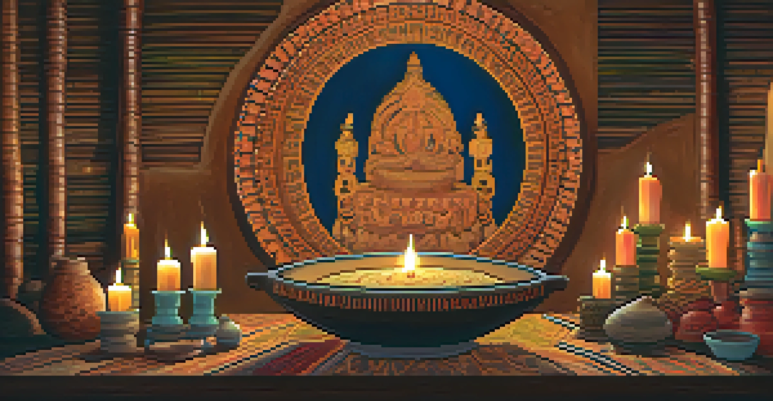 A ceremonial setting featuring a wooden bowl of ayahuasca brew surrounded by candles and traditional artifacts, creating a warm and spiritual atmosphere.
