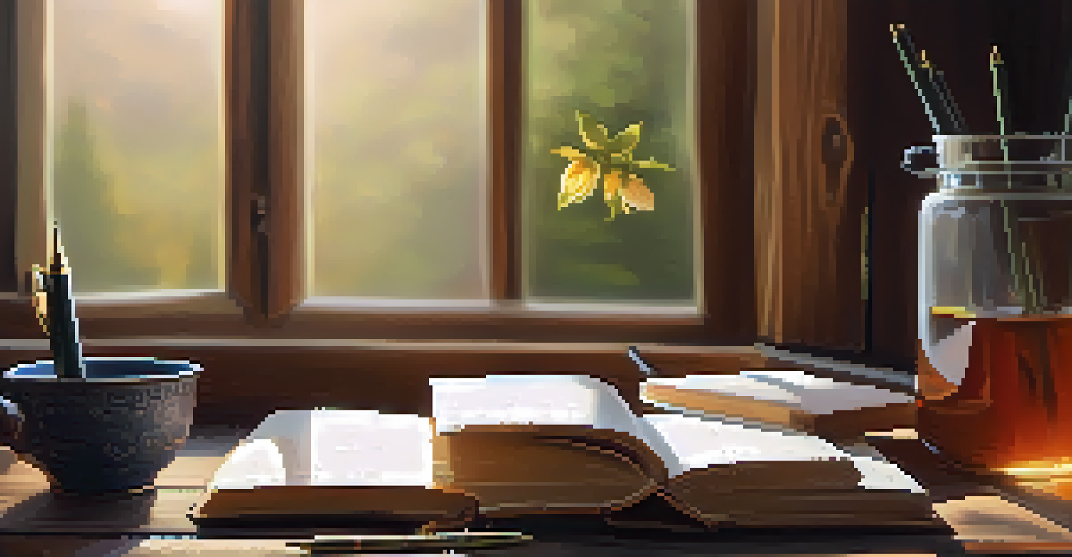 A wooden table with a journal, pen, and a cup of herbal tea, illuminated by soft sunlight.