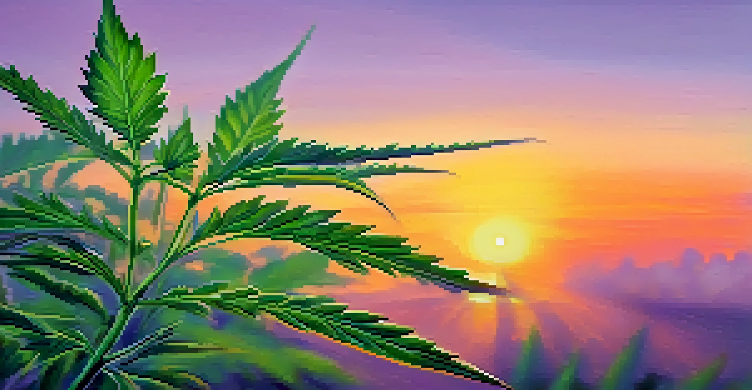 A close-up of vibrant green Cannabis leaves against a blurred sunset background transitioning from orange to purple.