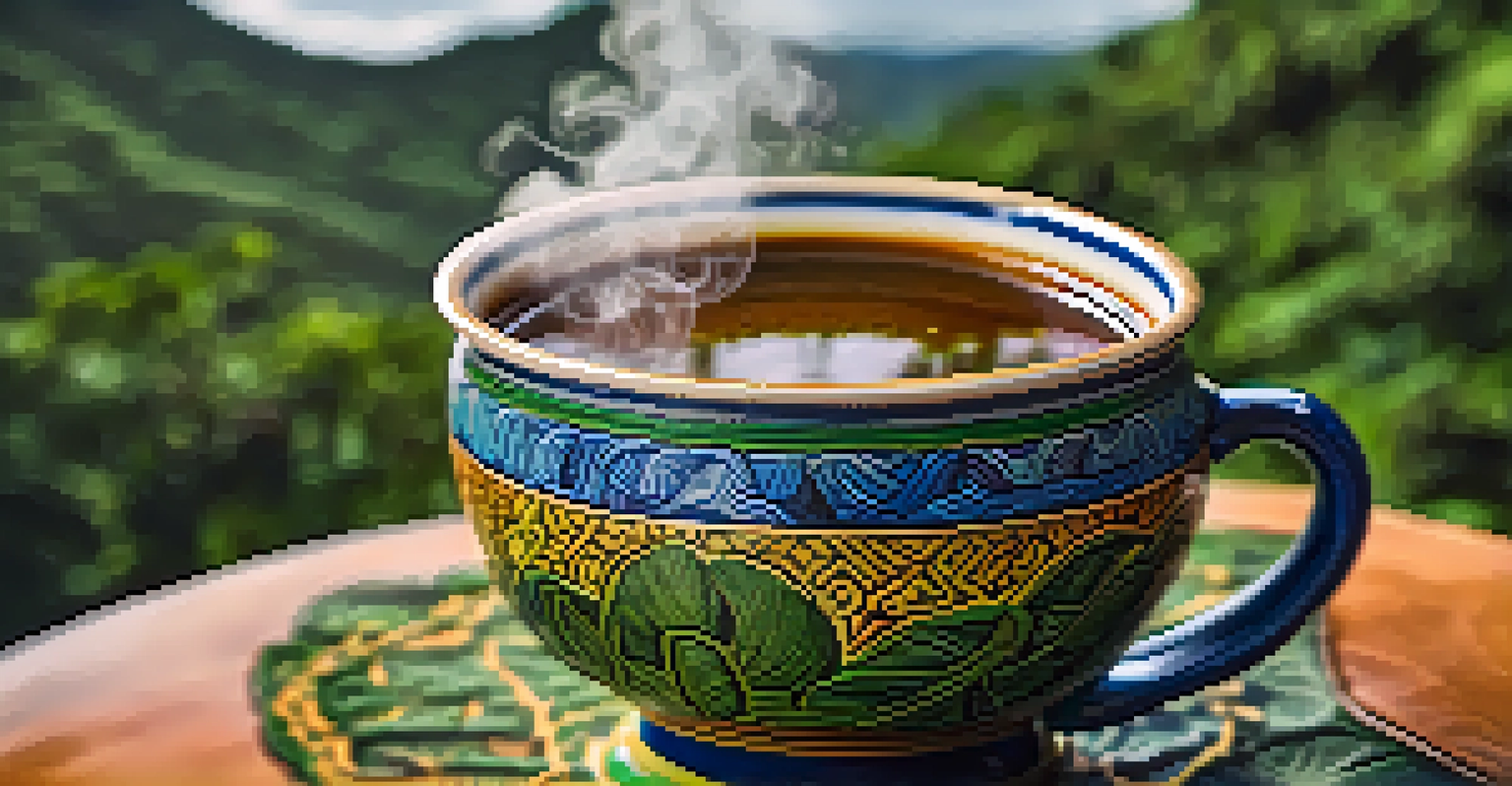 A close-up of ayahuasca brew in a ceramic cup with steam, set against an Amazonian landscape.