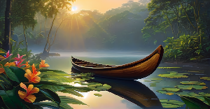 A peaceful sunrise over an Amazon rainforest river, with a wooden canoe and vibrant tropical plants in the foreground.