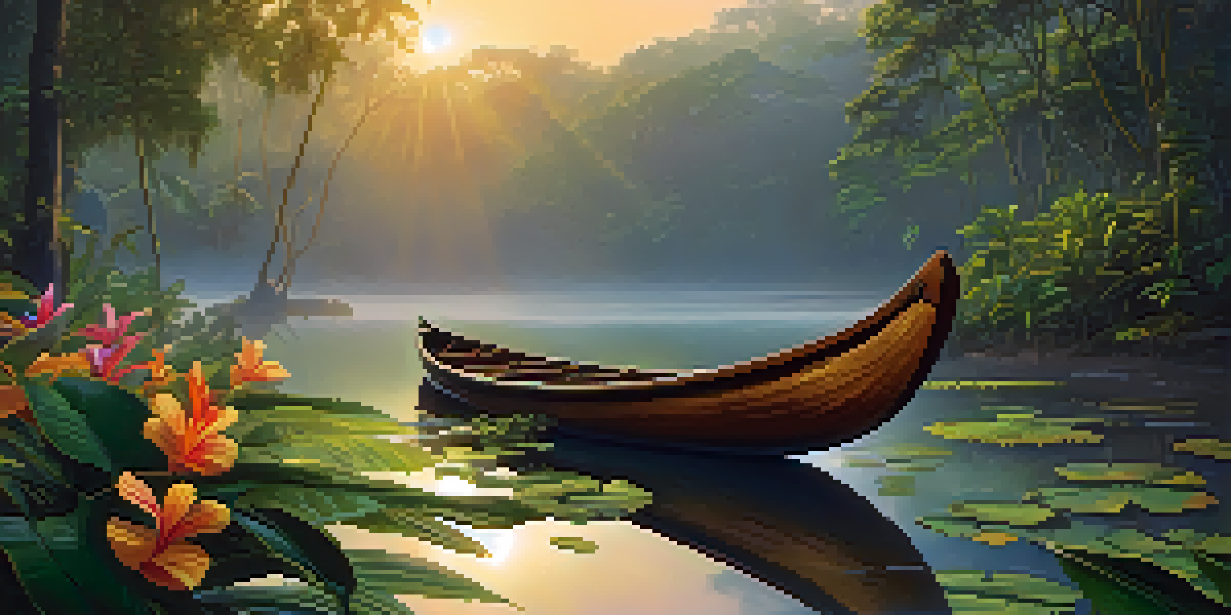 A peaceful sunrise over an Amazon rainforest river, with a wooden canoe and vibrant tropical plants in the foreground.