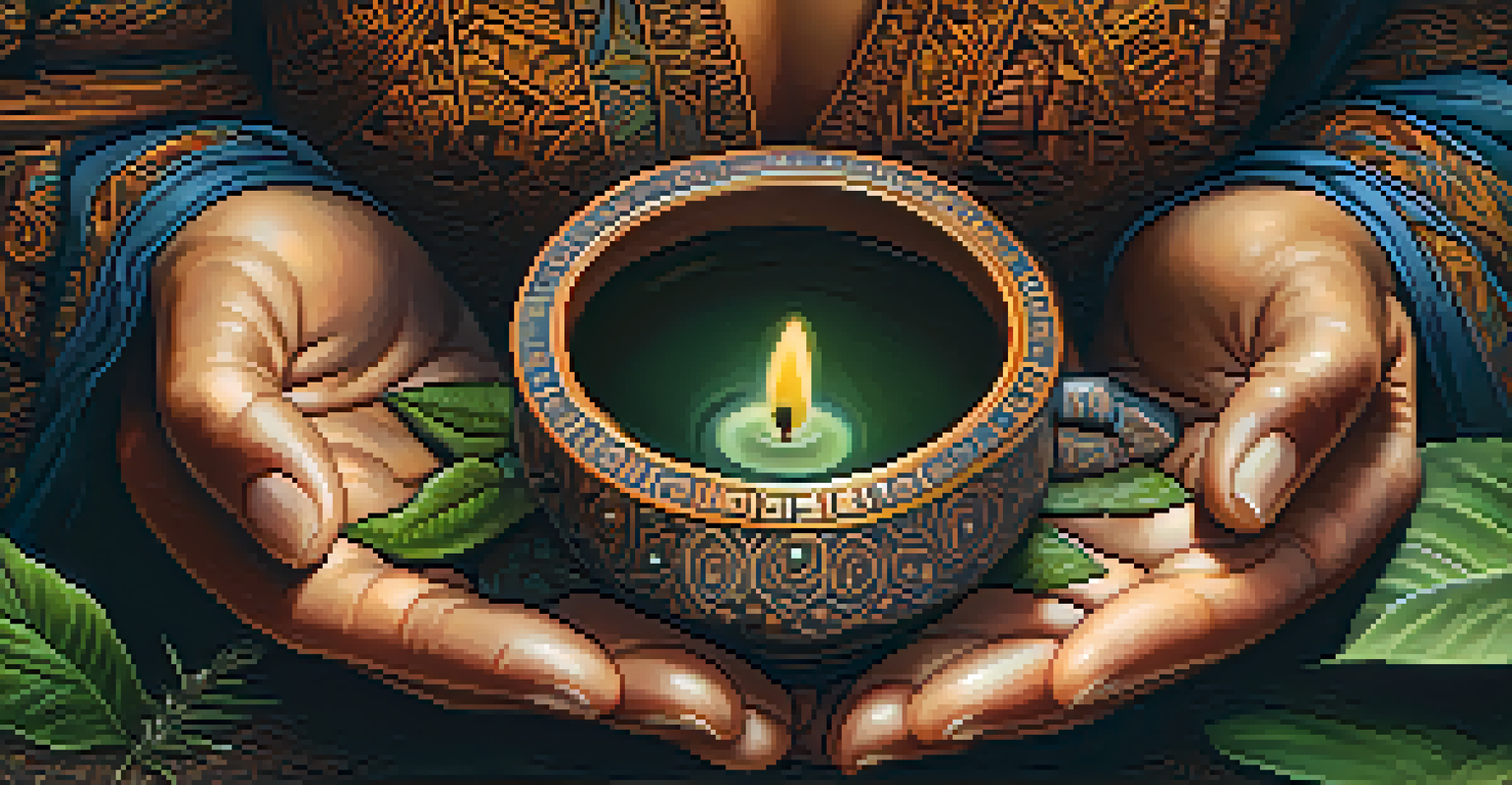 A close-up of hands holding a cup of Ayahuasca brew with a calming, candle-lit background.