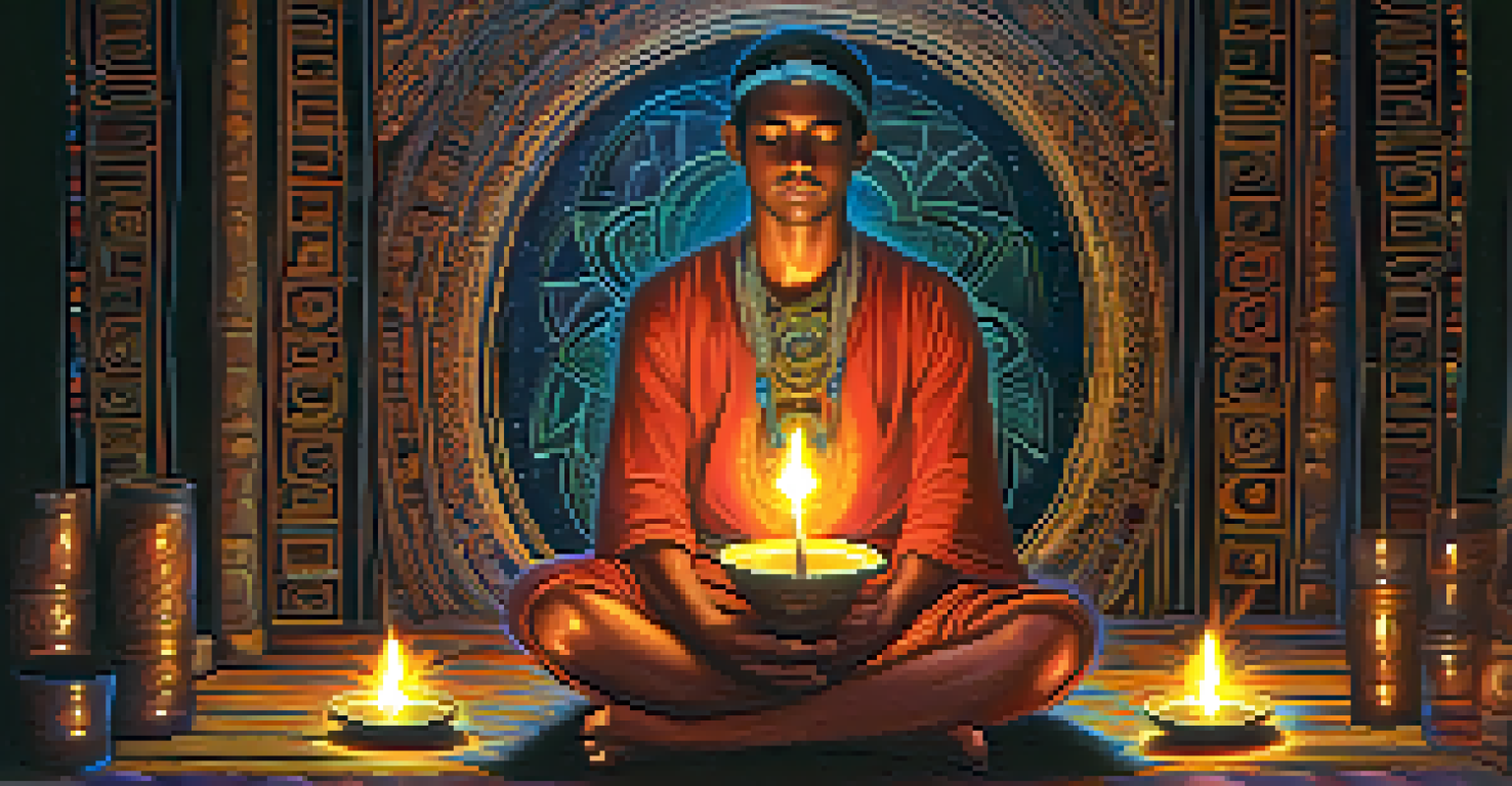 A close-up of a serene participant in an ayahuasca ceremony, eyes closed in deep thought, surrounded by candles in a softly blurred background.