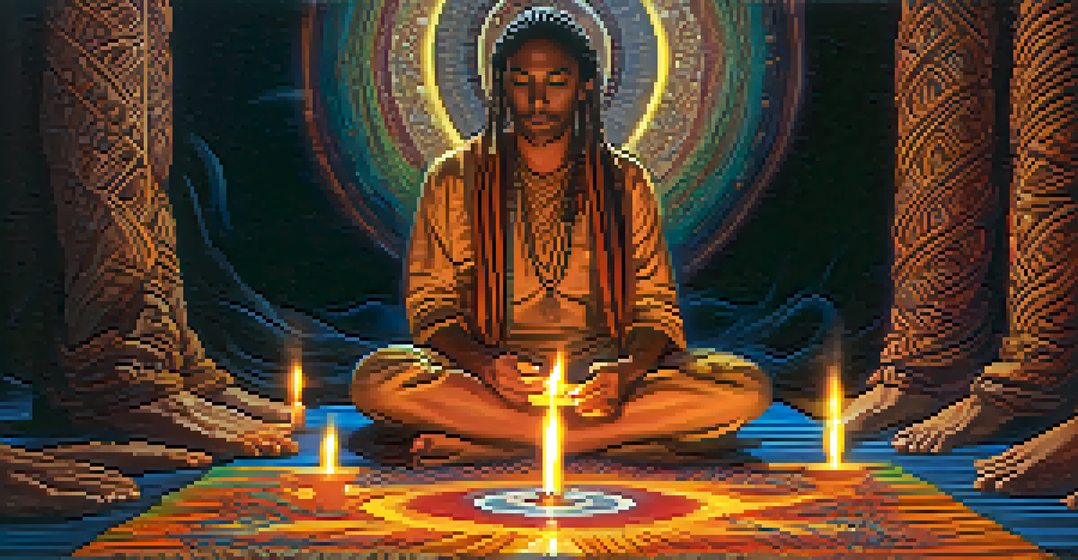 A close-up of a person meditating during an ayahuasca ceremony, surrounded by warm candlelight and swirling patterns of light.