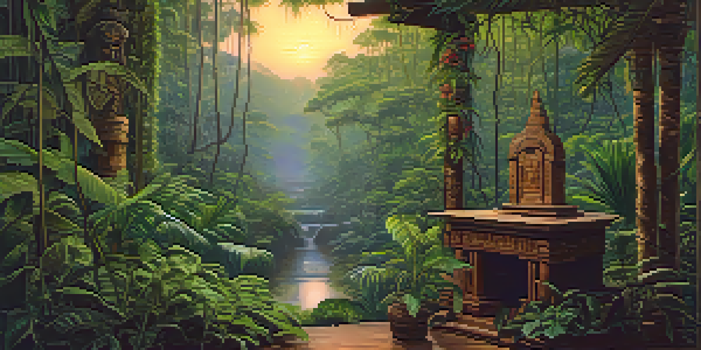 A peaceful Amazon rainforest at twilight with green plants and a wooden altar for ayahuasca ceremonies.