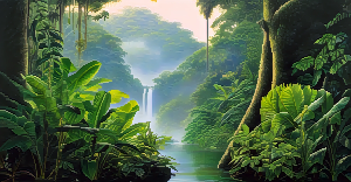 A vibrant Amazon rainforest at dawn, featuring indigenous plants used in Ayahuasca preparation, with sunlight peeking through the trees.